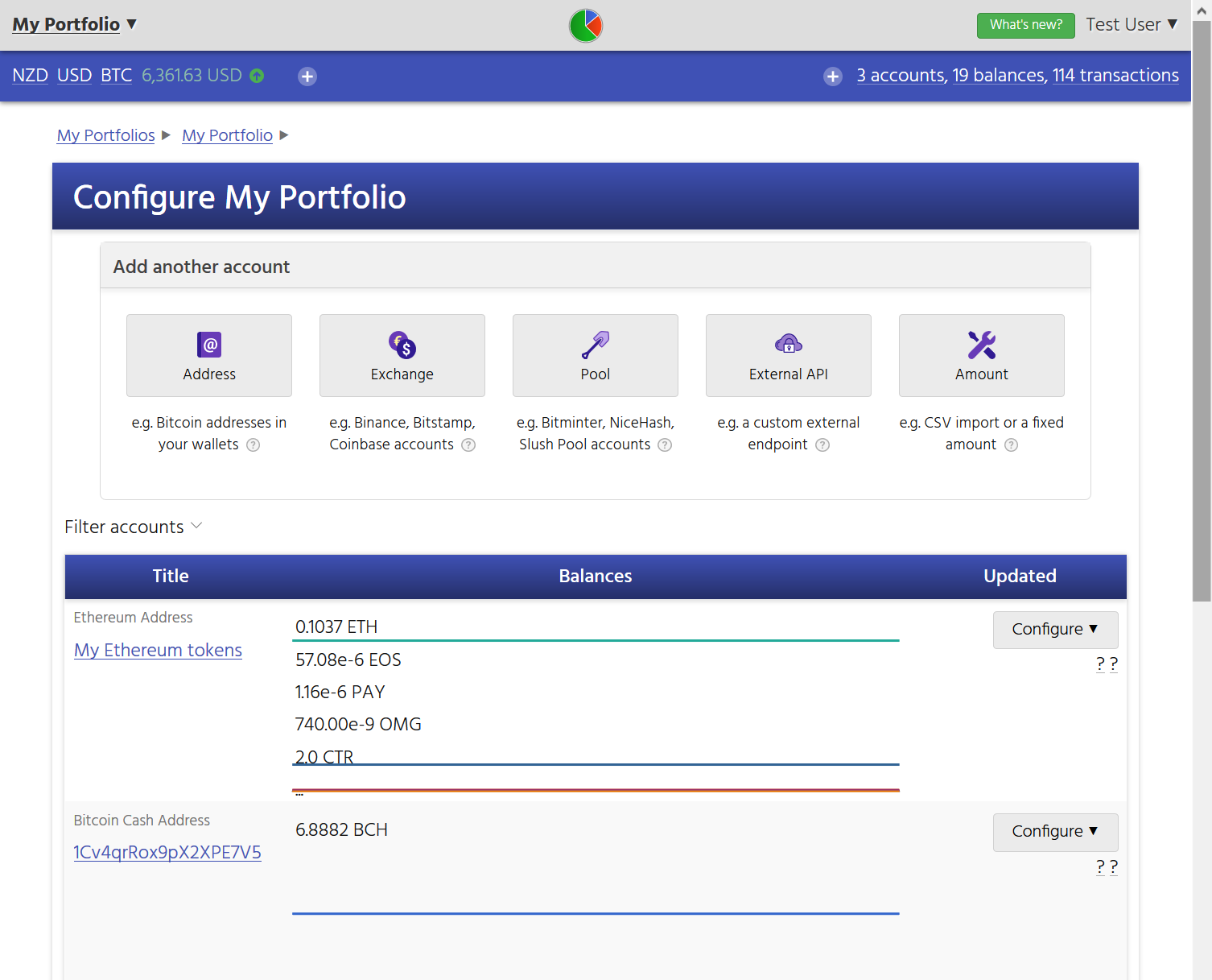 Screenshot showing the CryptFolio wizard interface to add new accounts, such as new exchange wallets, addresses, and mining pools.