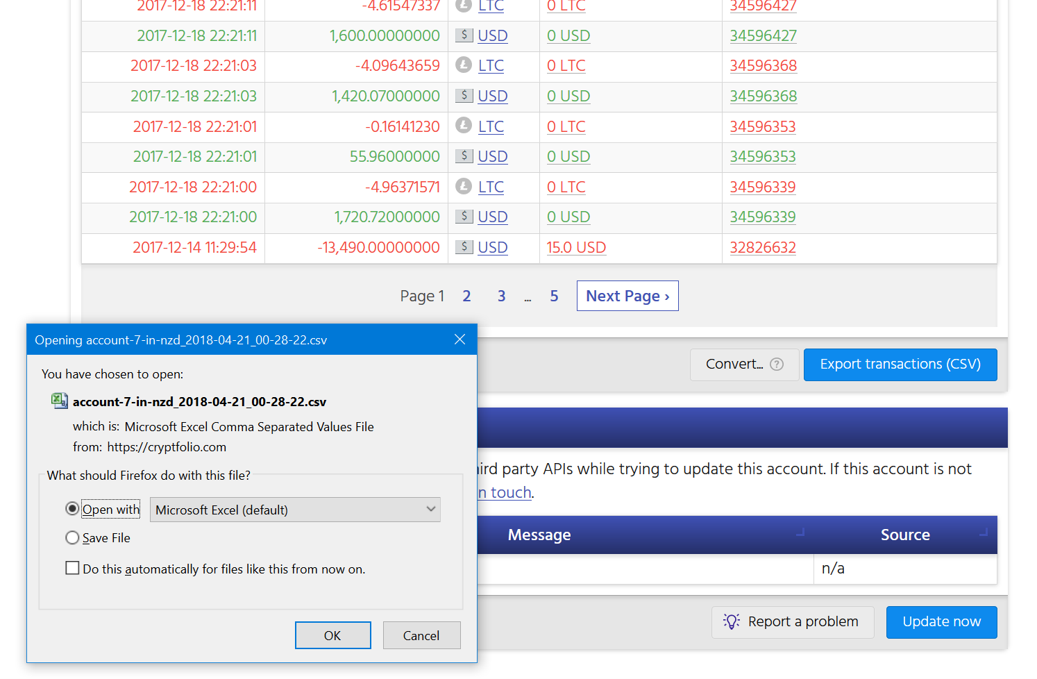 Screenshot showing a list of transactions for an exchange account, and a button allowing the transactions to be exported to CSV format.